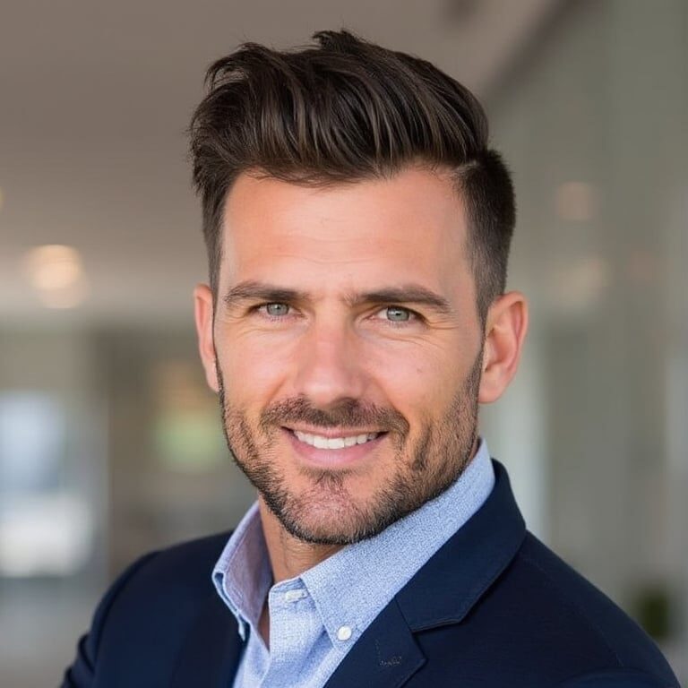 Textured quiff business-casual haircut worn with a navy blazer in an office
