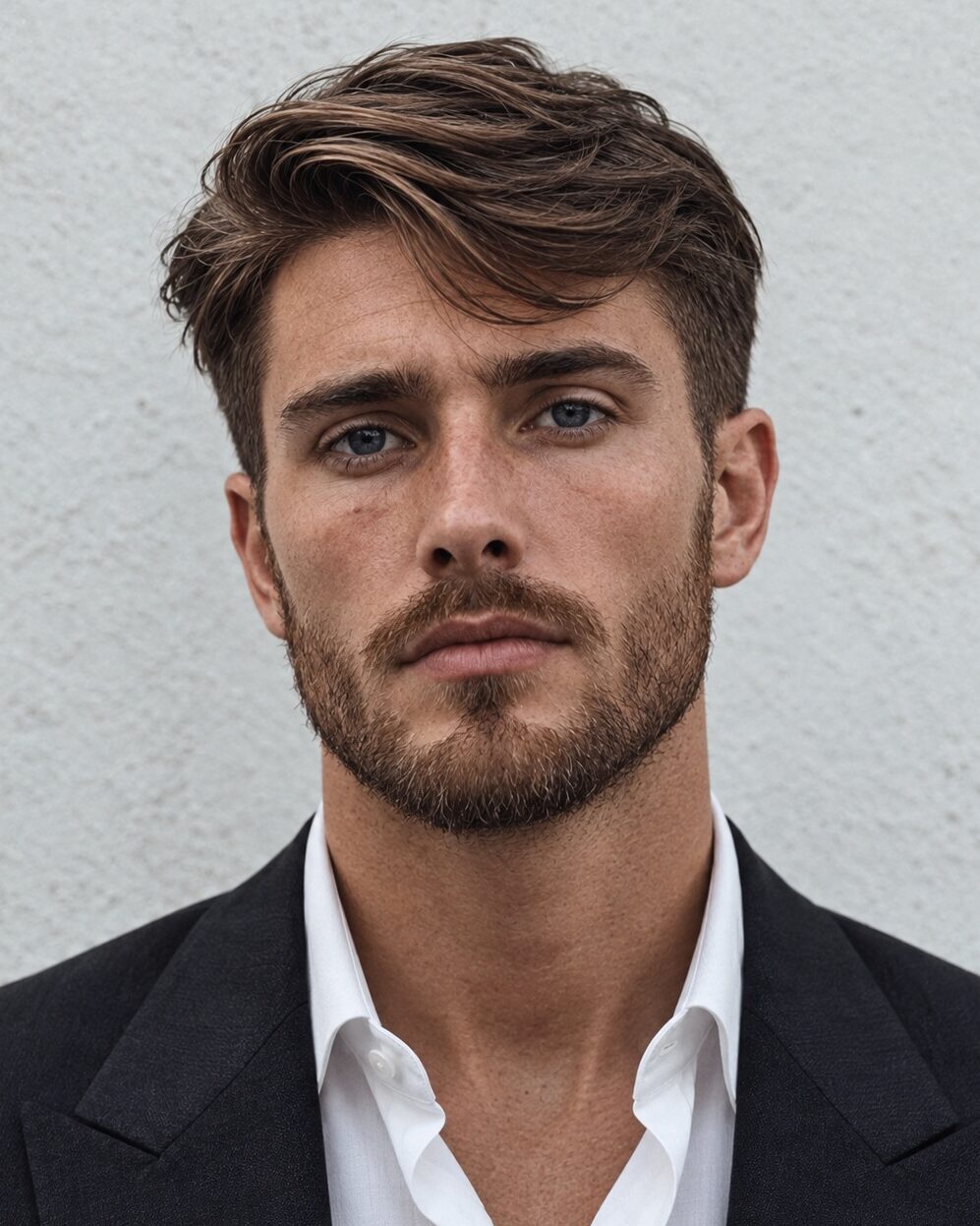 Man in his 40s with a wavy side-swept business haircut and gray tapered sides, wearing a navy blazer
