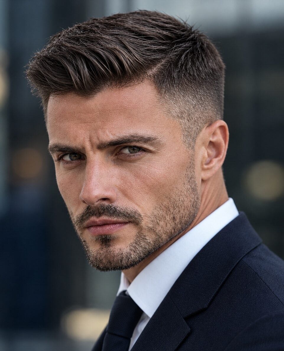 Taper fade comb over with short side-swept top, worn with a dark suit and tie
