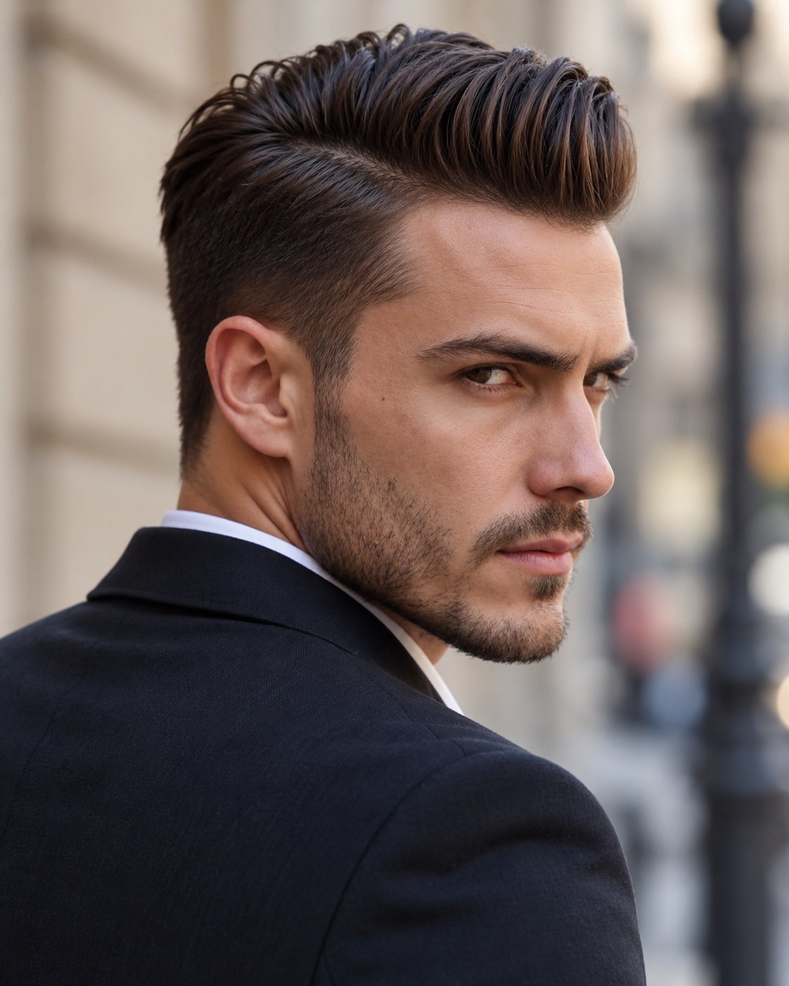 Modern business pompadour with tapered sides, worn with a dark suit