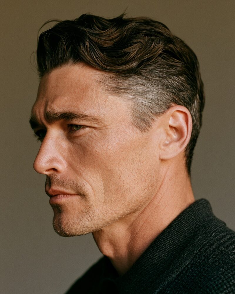 Wavy taper business haircut with brushed-back natural waves and gray tapered sides
