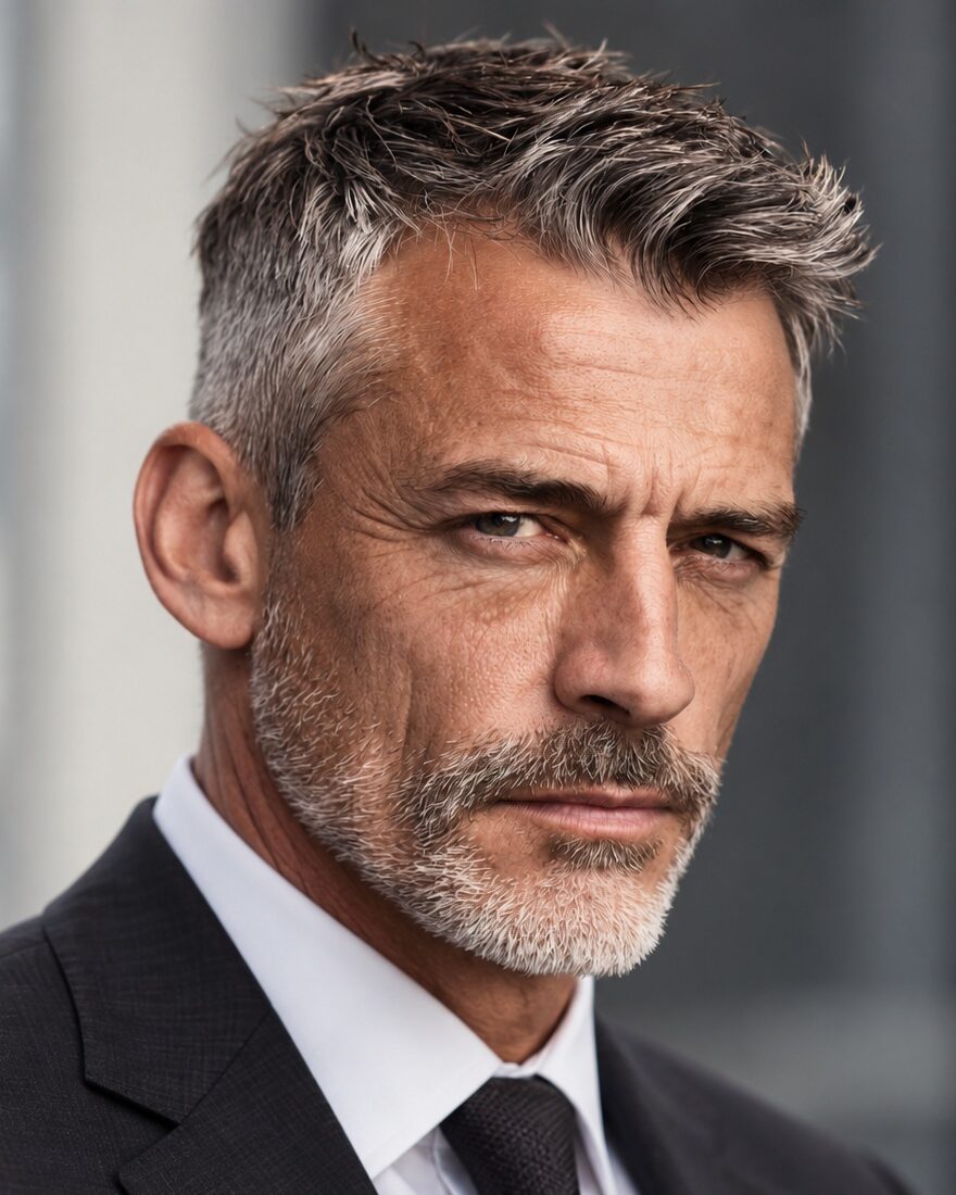 Short textured haircut for thinning gray hair on a mature man in a suit