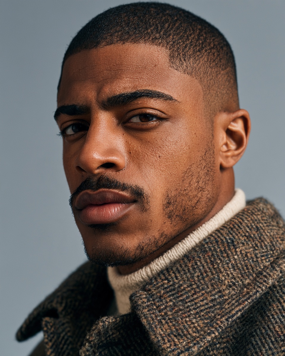 Buzz cut with low fade and clean line-up, worn with a herringbone coat