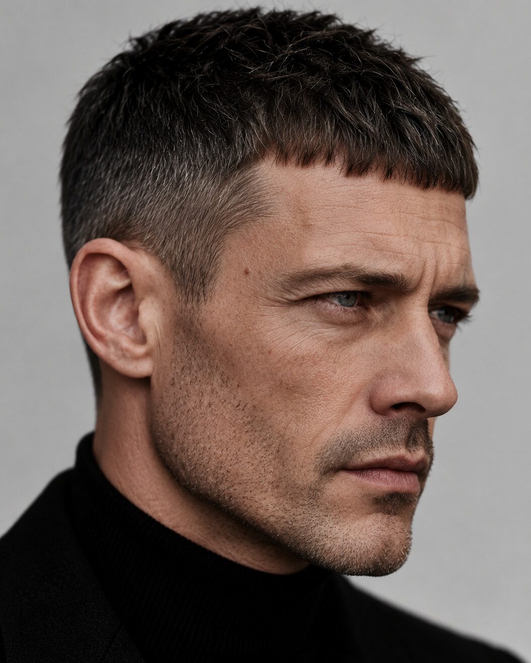 Short professional Caesar with compact forward fringe