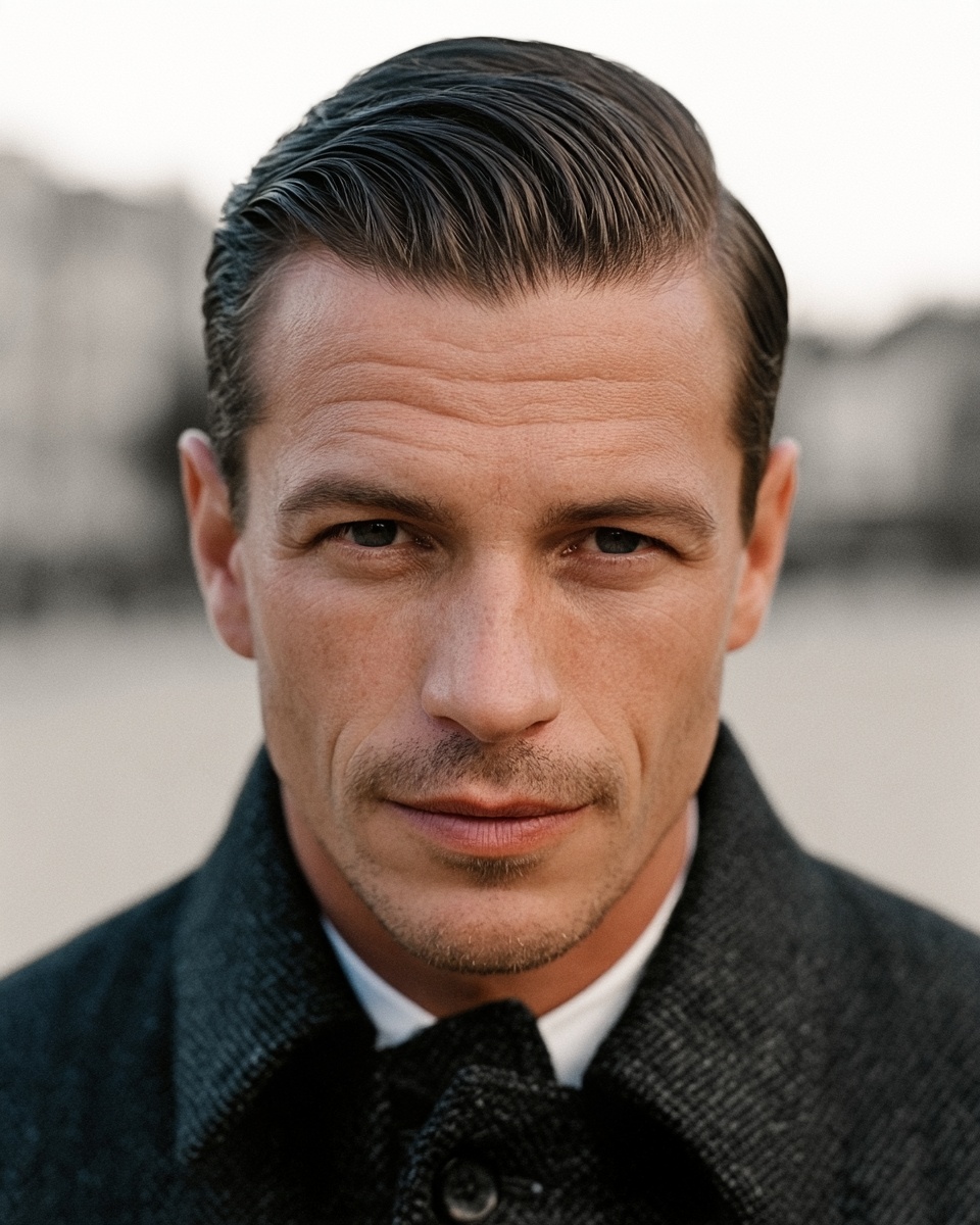 Mid-century style side-parted comb over with visible comb lines and a wool coat