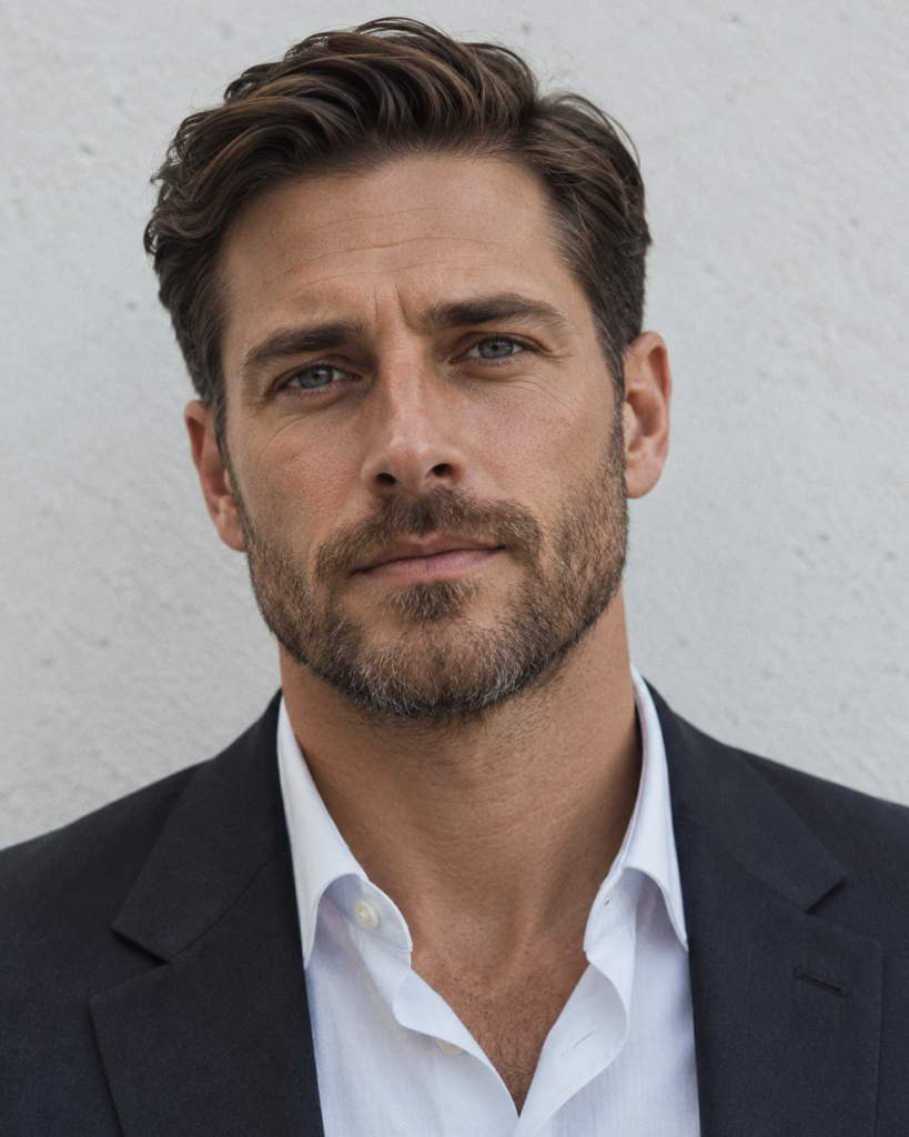 Textured scissor taper with soft connected sides and a finger-styled top, worn with a charcoal blazer and open white shirt