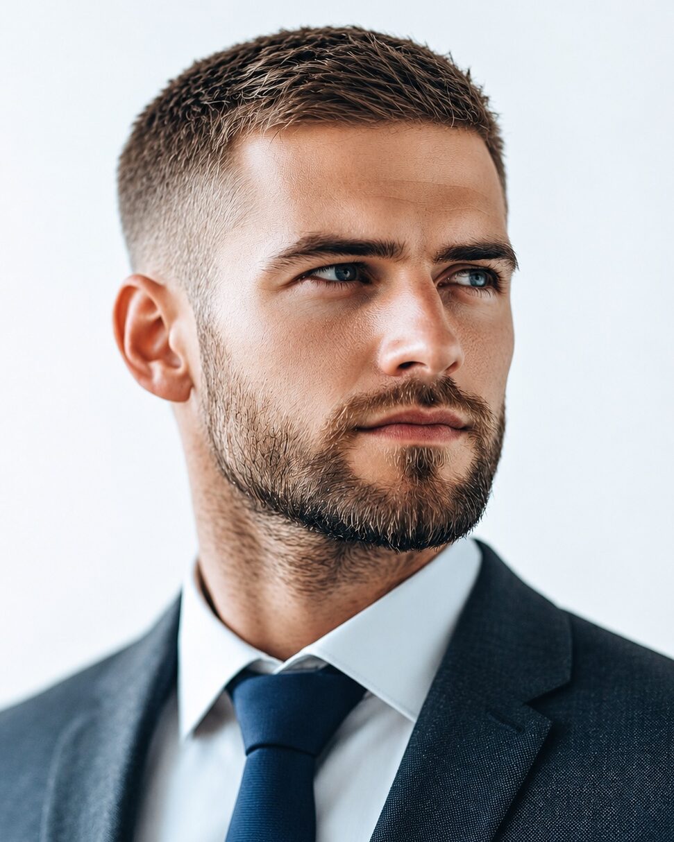 Business crew cut with textured top and tapered sides, worn with a suit and tie