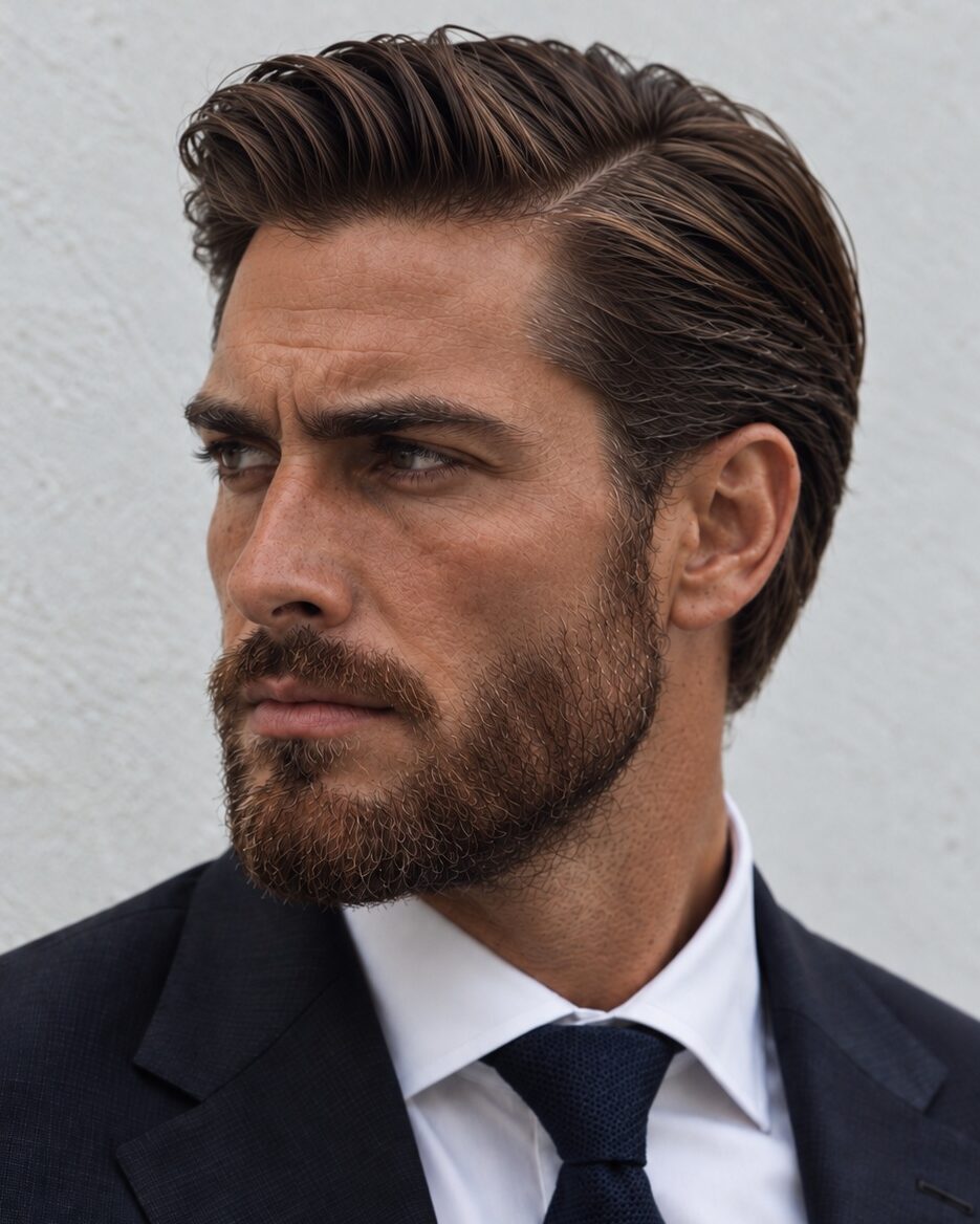 Executive contour business haircut with defined part, top combed across and back, and connected tapered sides