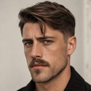 modern ivy league haircut with mustache