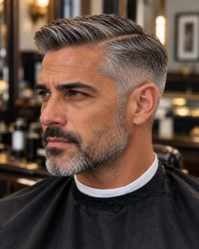 Classic businessman haircut with defined side part and gray tapered sides