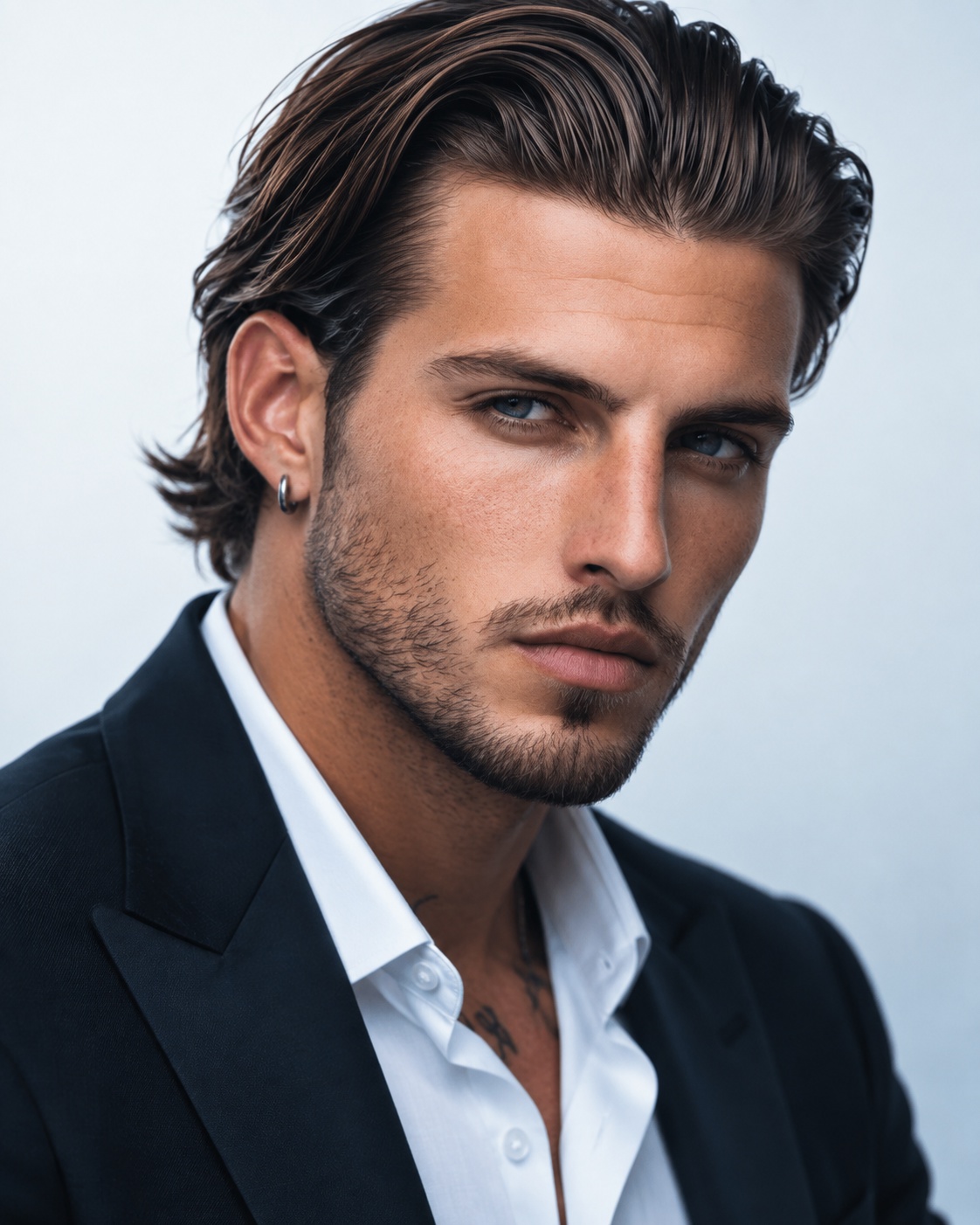 Long brushed-back flow with layered length and connected sides