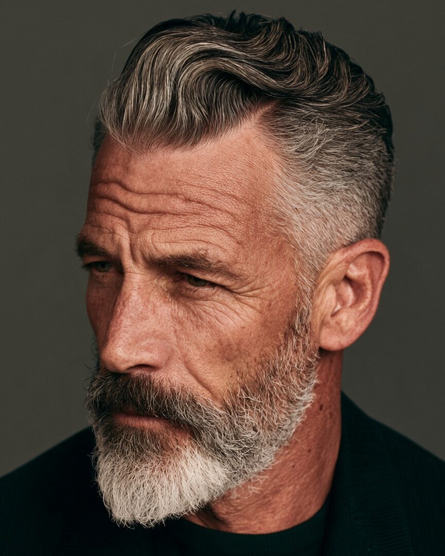 Gray textured brush-back haircut with tapered sides and a salt-and-pepper beard