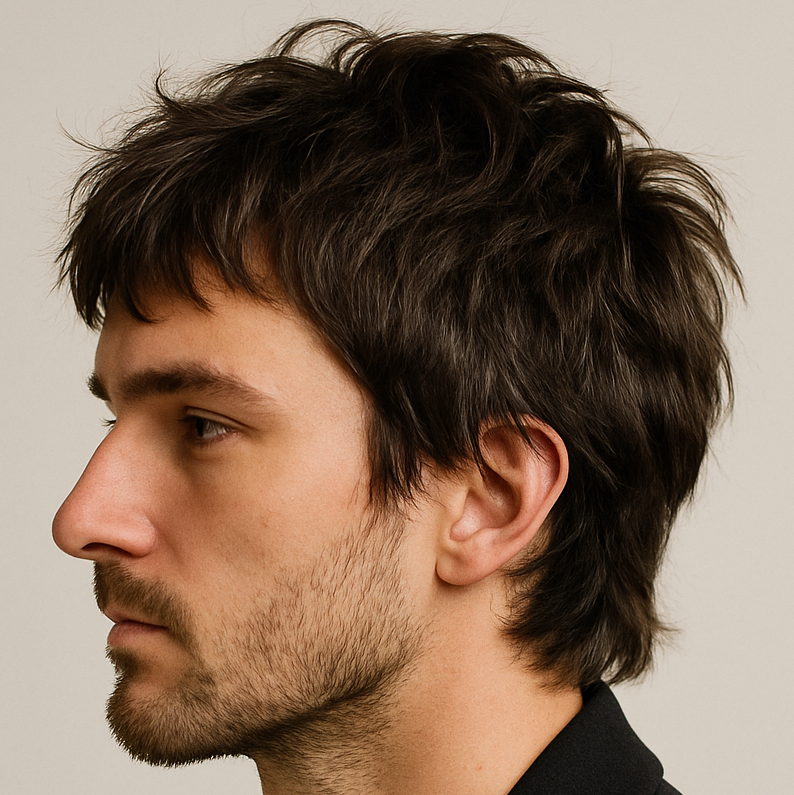 Medium controlled office shag with layered waves and a tidy neckline