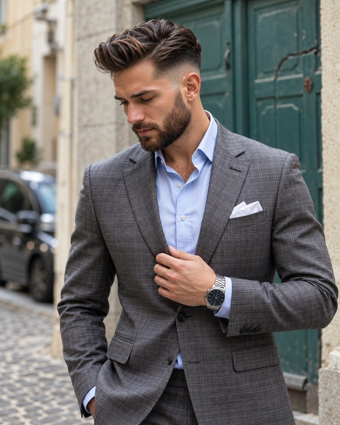 Modern professional pompadour with textured top and faded sides