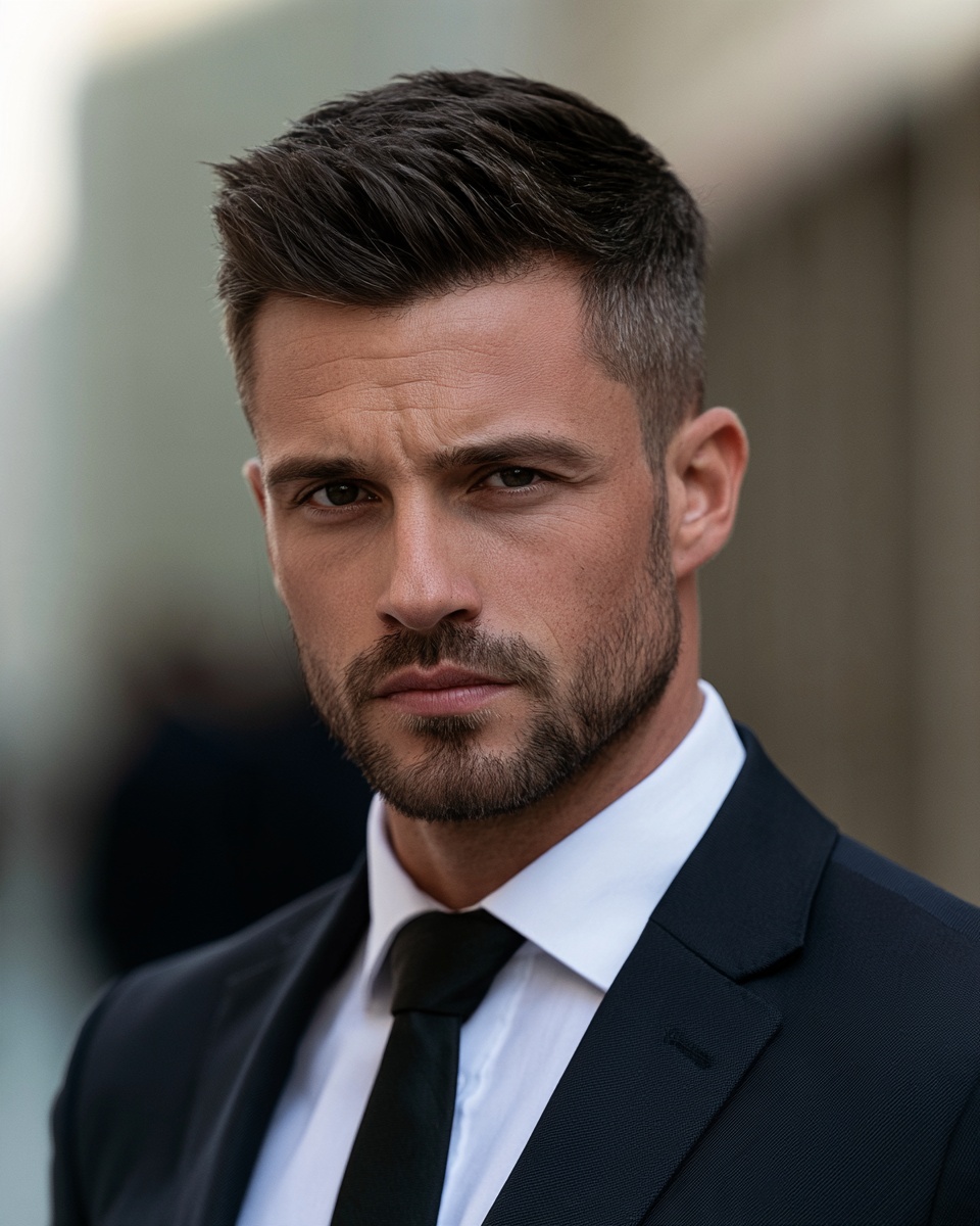 Neat corporate quiff with compact lift, salt-and-pepper hair and tapered sides, worn with a suit and tie