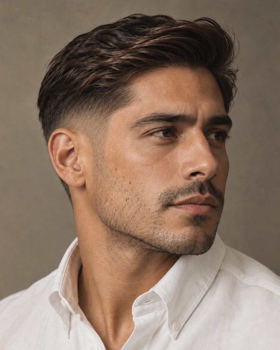 Temple fade office haircut with side-swept top