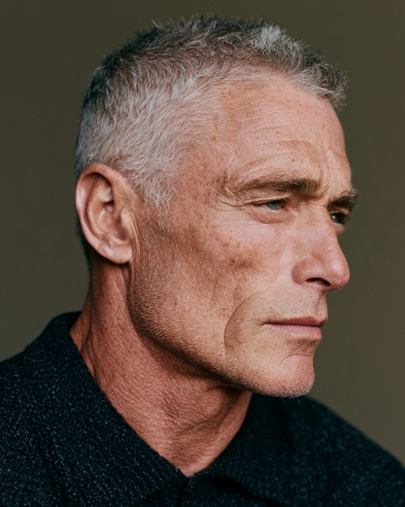 Textured Caesar for fine gray hair with broken fringe