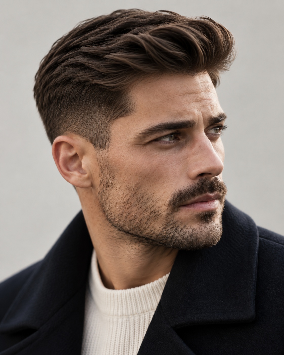 Textured business quiff with matte lifted front and low taper, worn with a cream knit and navy coat