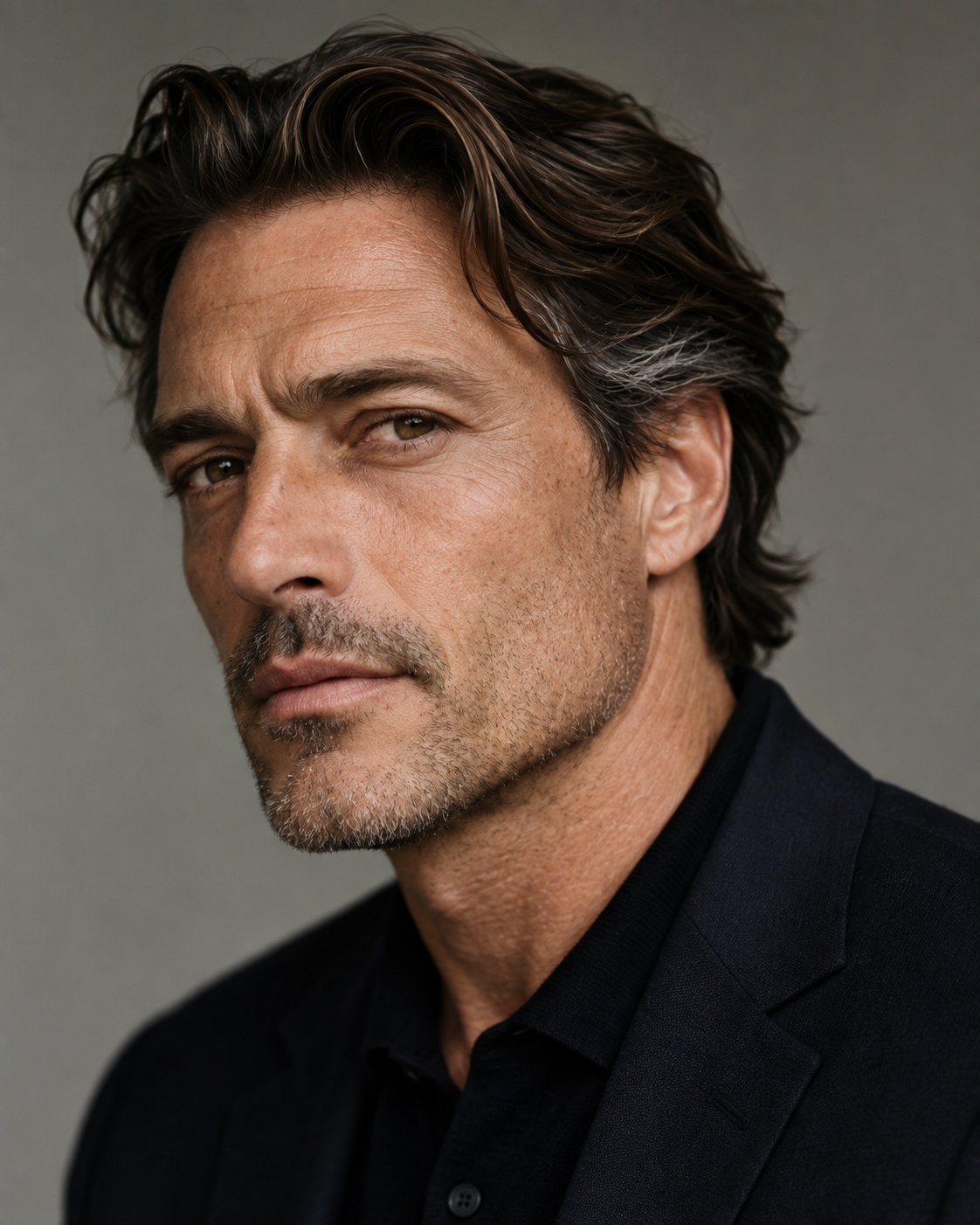 Wavy flow haircut with medium-length waves pushed back over the ears and gray at the temples, worn with a dark jacket